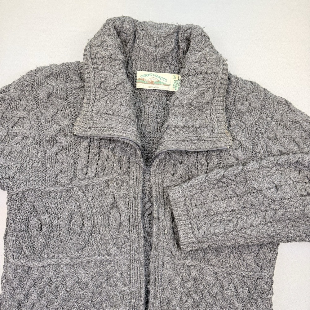 Aran Crafts Merino Wool Cable Knit Full Zip Cardigan Sweater Ireland Sz M Gray - Picture 2 of 11